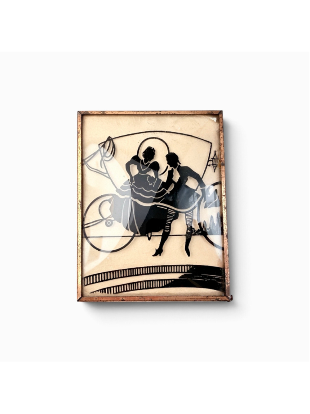 Victorian Romantic Couple Reverse Painted Glass Art Panel Vintage Silhouette